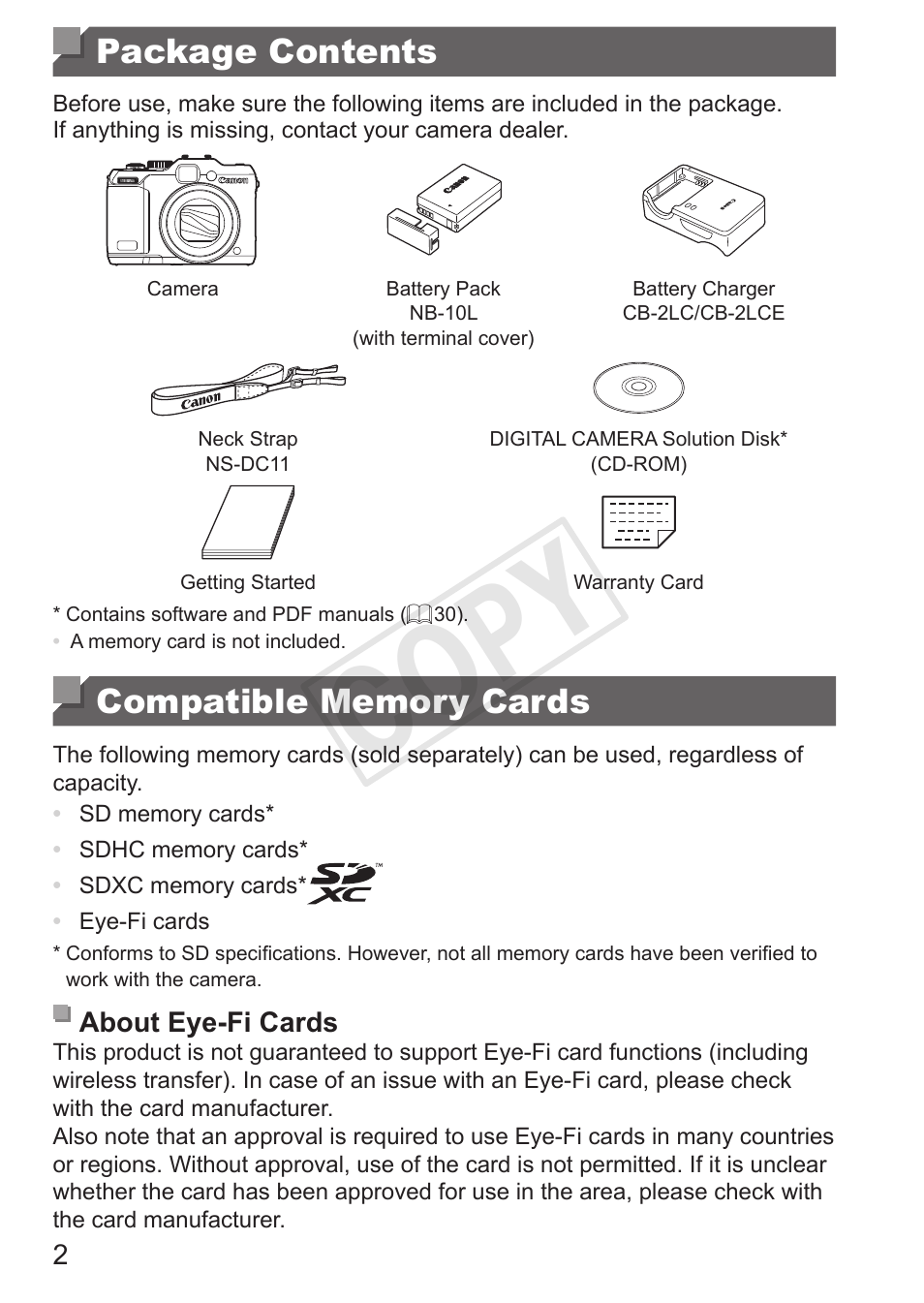 Package contents, Compatible memory cards, Cop y | Canon PowerShot G15 User Manual | Page 2 / 316