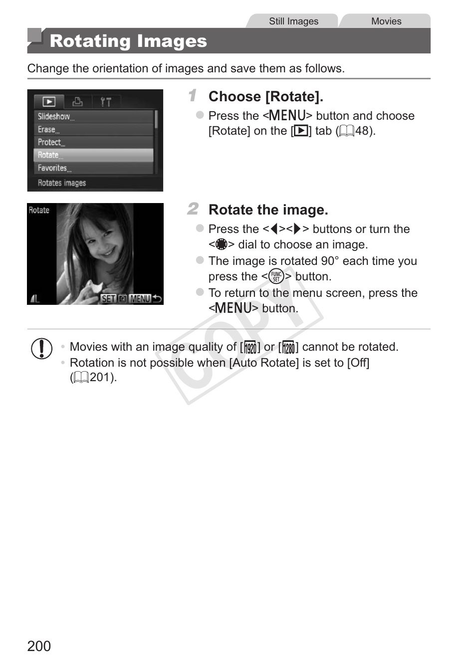 Rotating images, Cop y | Canon PowerShot G15 User Manual | Page 200 / 316