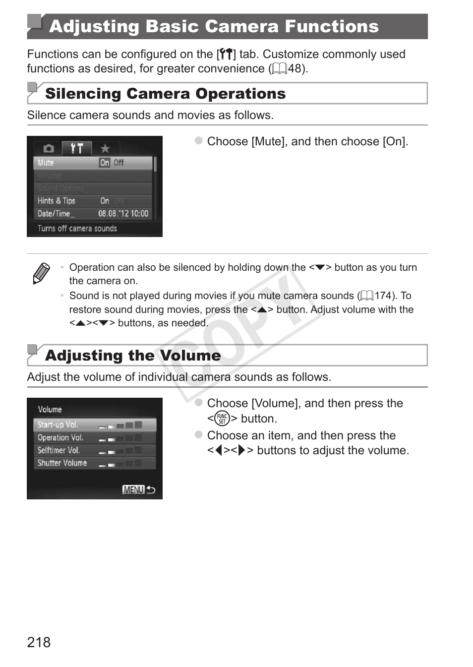 Adjusting basic camera functions, Adjusting basic camera, Functions | Cop y | Canon PowerShot G15 User Manual | Page 218 / 316