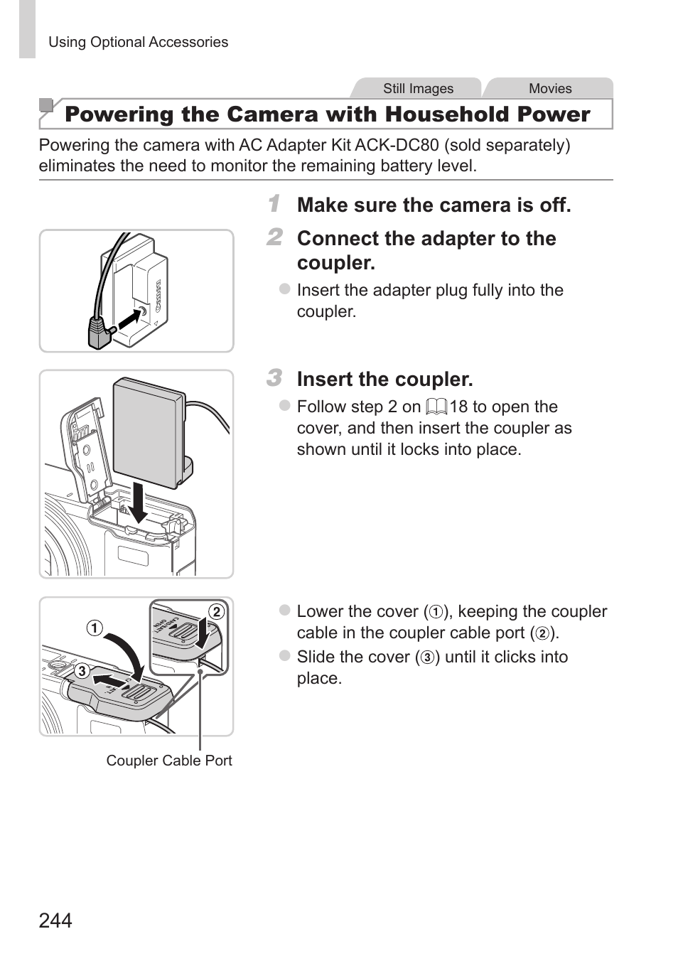 Powering the camera with household power | Canon PowerShot G15 User Manual | Page 244 / 316