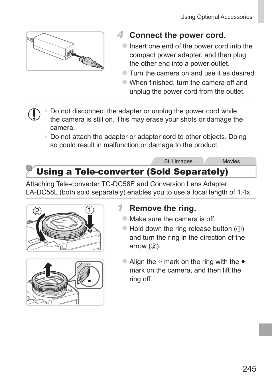 Using a tele-converter (sold separately), Connect the power cord, Remove the ring | Canon PowerShot G15 User Manual | Page 245 / 316