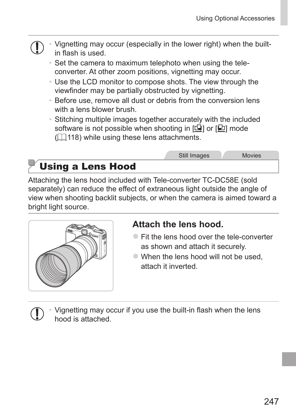 Using a lens hood, Attach the lens hood | Canon PowerShot G15 User Manual | Page 247 / 316