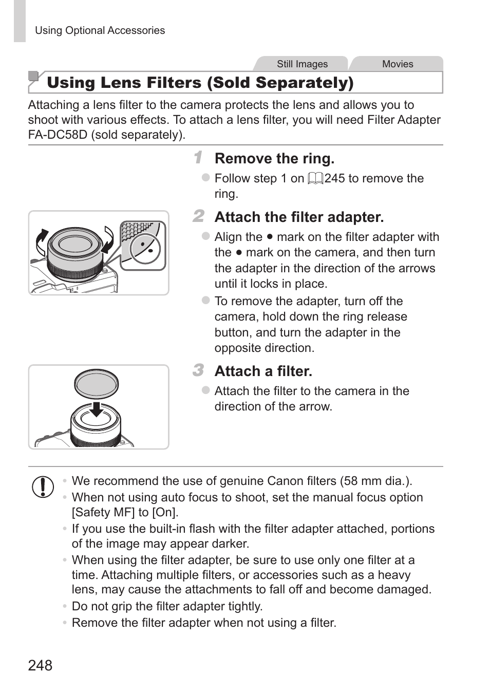 Using lens filters (sold separately), Remove the ring, Attach the filter adapter | Attach a filter | Canon PowerShot G15 User Manual | Page 248 / 316