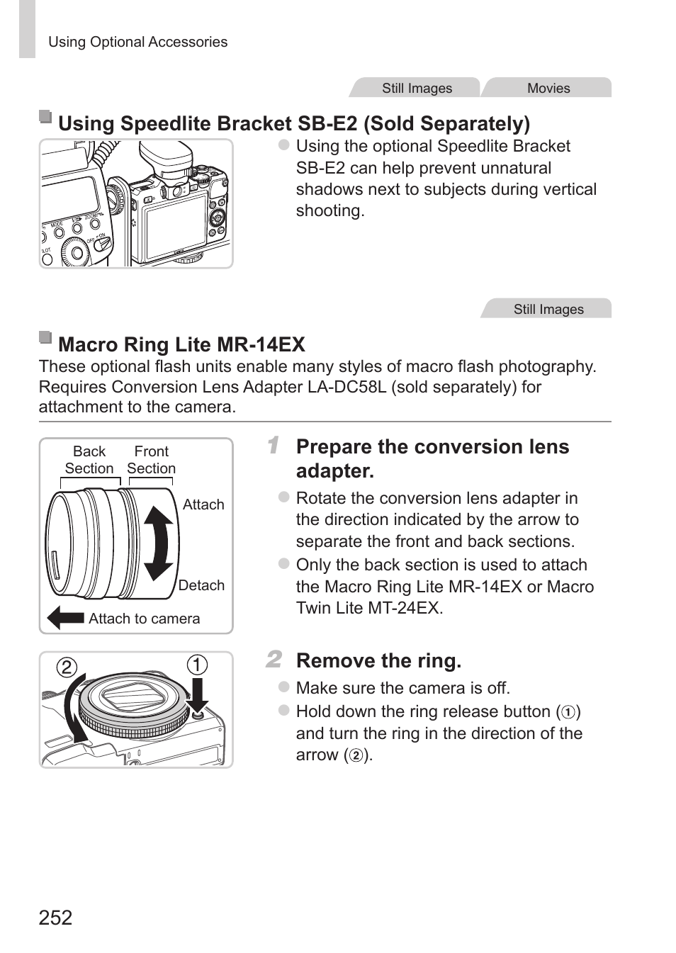 Using speedlite bracket sb-e2 (sold separately), Macro ring lite mr-14ex, Prepare the conversion lens adapter | Remove the ring | Canon PowerShot G15 User Manual | Page 252 / 316