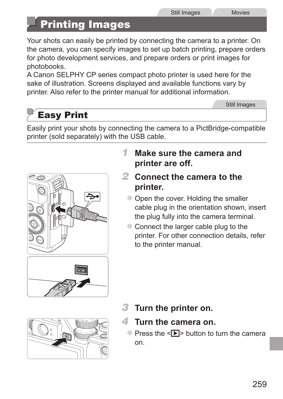 Printing images, Easy print | Canon PowerShot G15 User Manual | Page 259 / 316