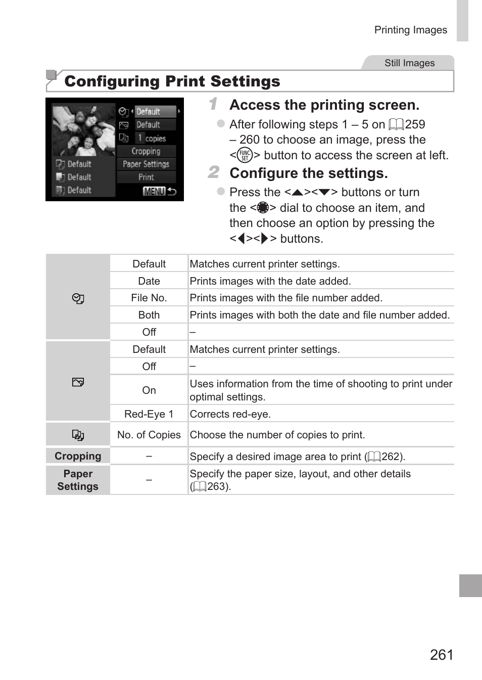 Configuring print settings, Access the printing screen, Configure the settings | Canon PowerShot G15 User Manual | Page 261 / 316