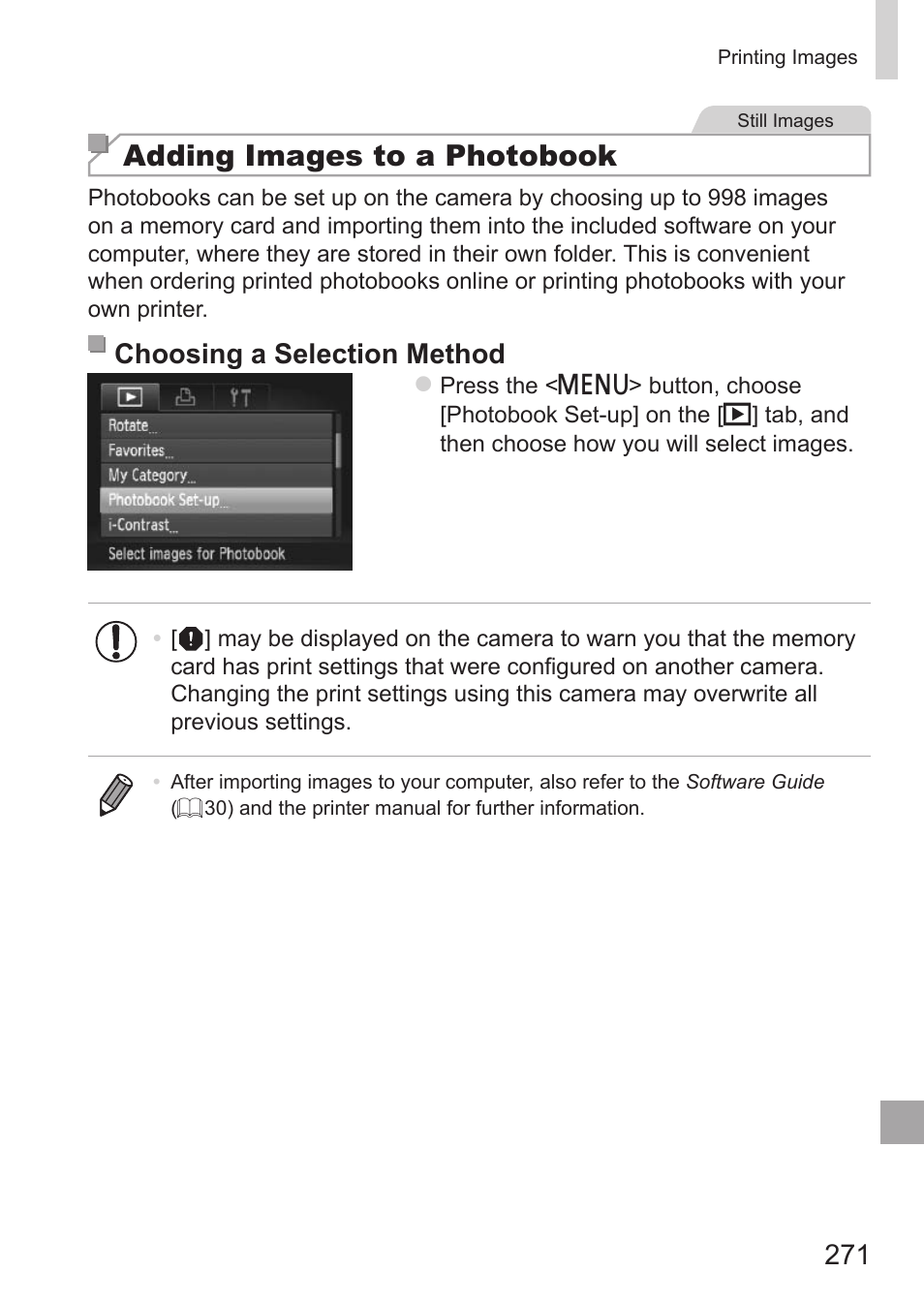 Adding images to a, Photobook, Adding images to a photobook (= 271) | Adding images to a photobook, Choosing a selection method | Canon PowerShot G15 User Manual | Page 271 / 316