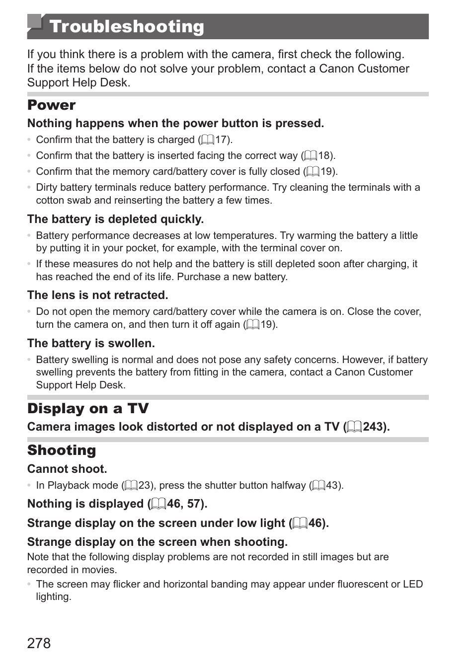 Troubleshooting, Power, Display on a tv | Shooting | Canon PowerShot G15 User Manual | Page 278 / 316