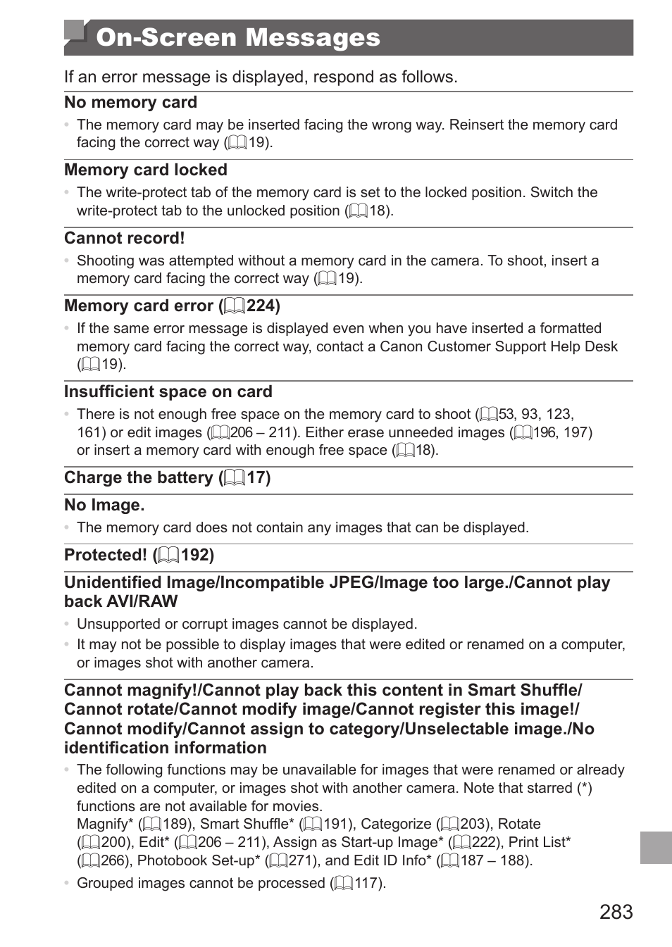 On-screen messages | Canon PowerShot G15 User Manual | Page 283 / 316