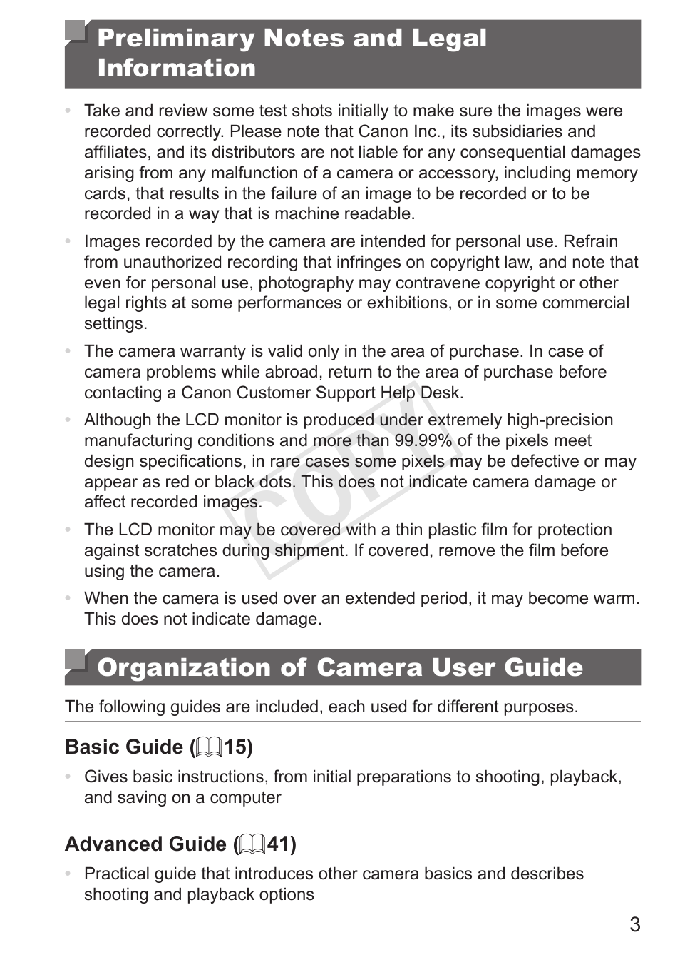 Preliminary notes and legal information, Organization of camera user guide, Cop y | Canon PowerShot G15 User Manual | Page 3 / 316