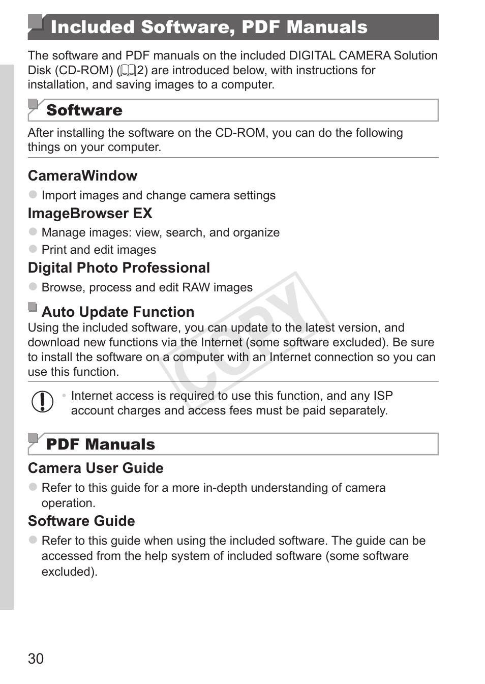 Included software, pdf manuals, Included software, pdf, Manuals | Cop y | Canon PowerShot G15 User Manual | Page 30 / 316