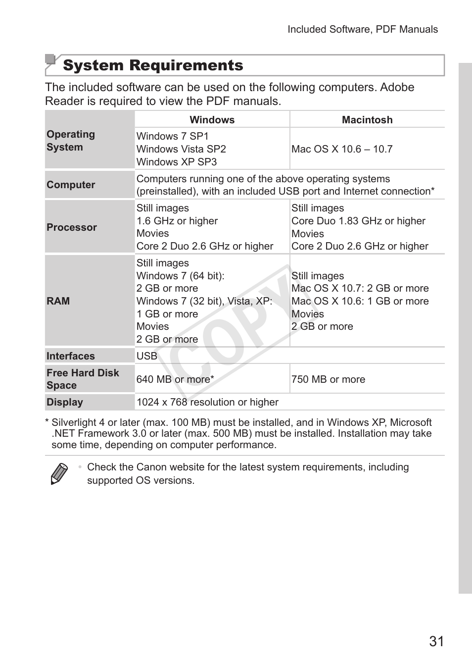 Cop y, System requirements | Canon PowerShot G15 User Manual | Page 31 / 316