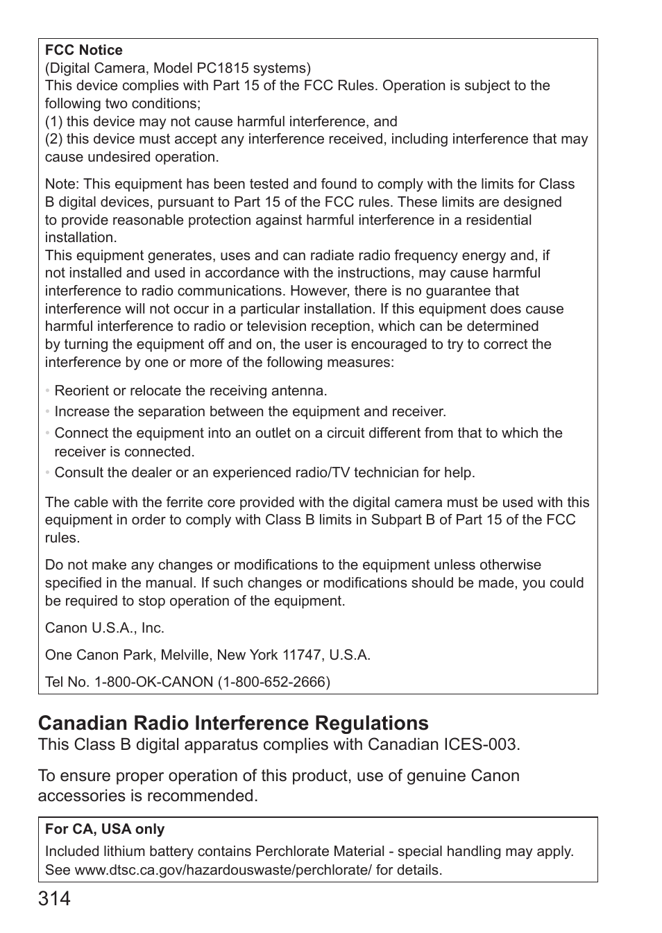Canadian radio interference regulations | Canon PowerShot G15 User Manual | Page 314 / 316