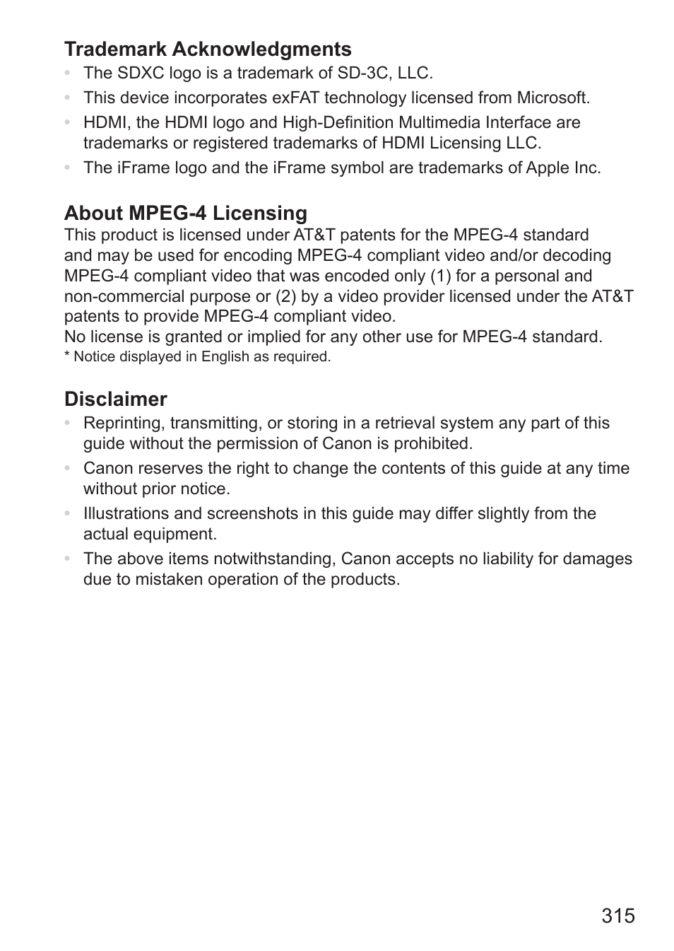 315 trademark acknowledgments, About mpeg-4 licensing, Disclaimer | Canon PowerShot G15 User Manual | Page 315 / 316