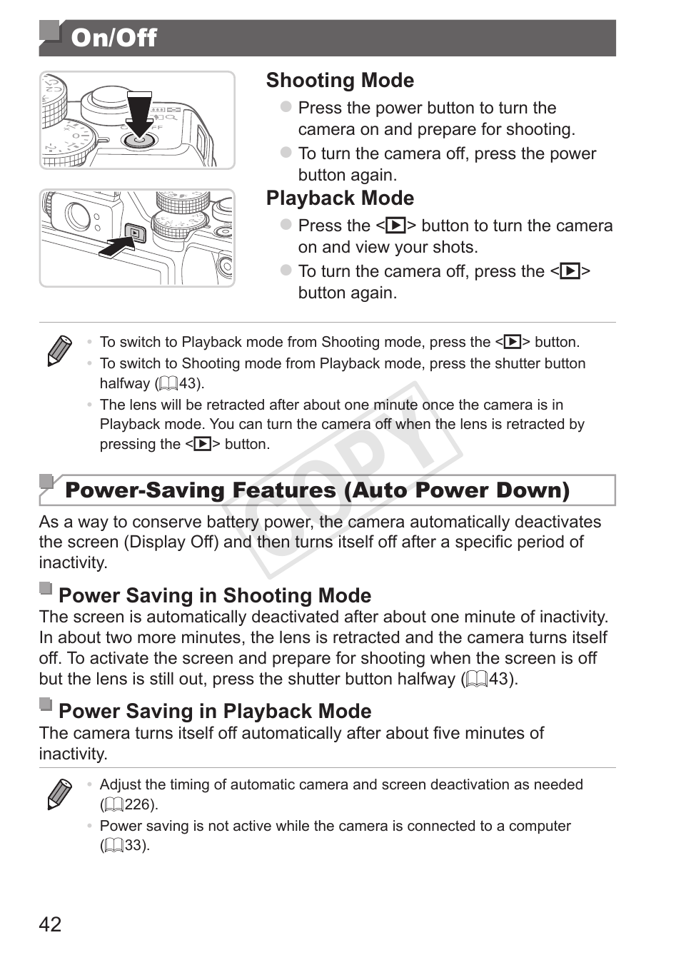 On/off, Cop y | Canon PowerShot G15 User Manual | Page 42 / 316