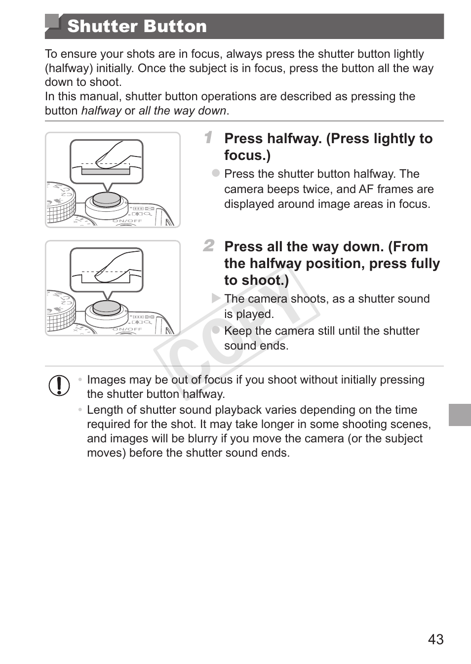 Shutter button, Cop y | Canon PowerShot G15 User Manual | Page 43 / 316