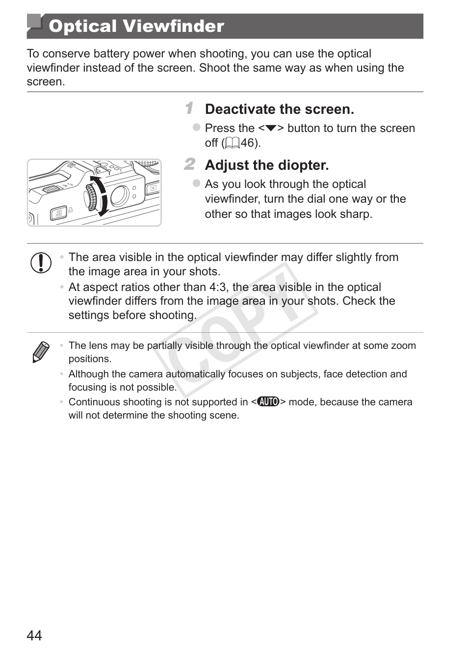 Optical viewfinder, Cop y | Canon PowerShot G15 User Manual | Page 44 / 316