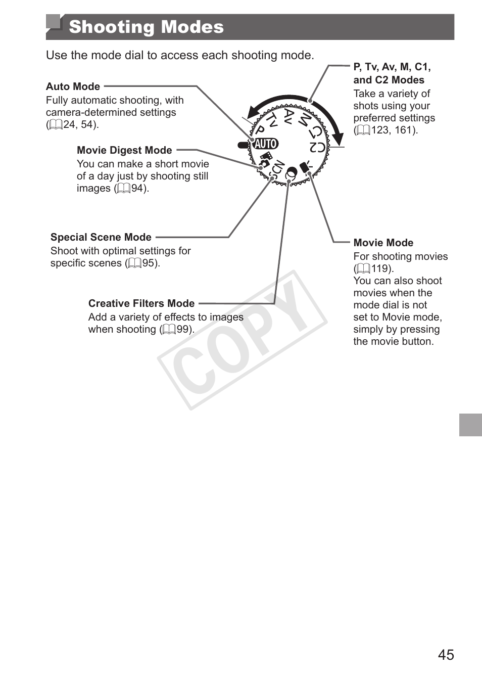Shooting modes, Cop y | Canon PowerShot G15 User Manual | Page 45 / 316