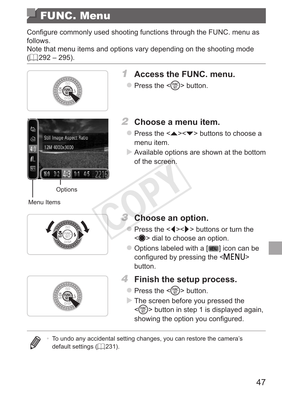 Func. menu, Cop y | Canon PowerShot G15 User Manual | Page 47 / 316