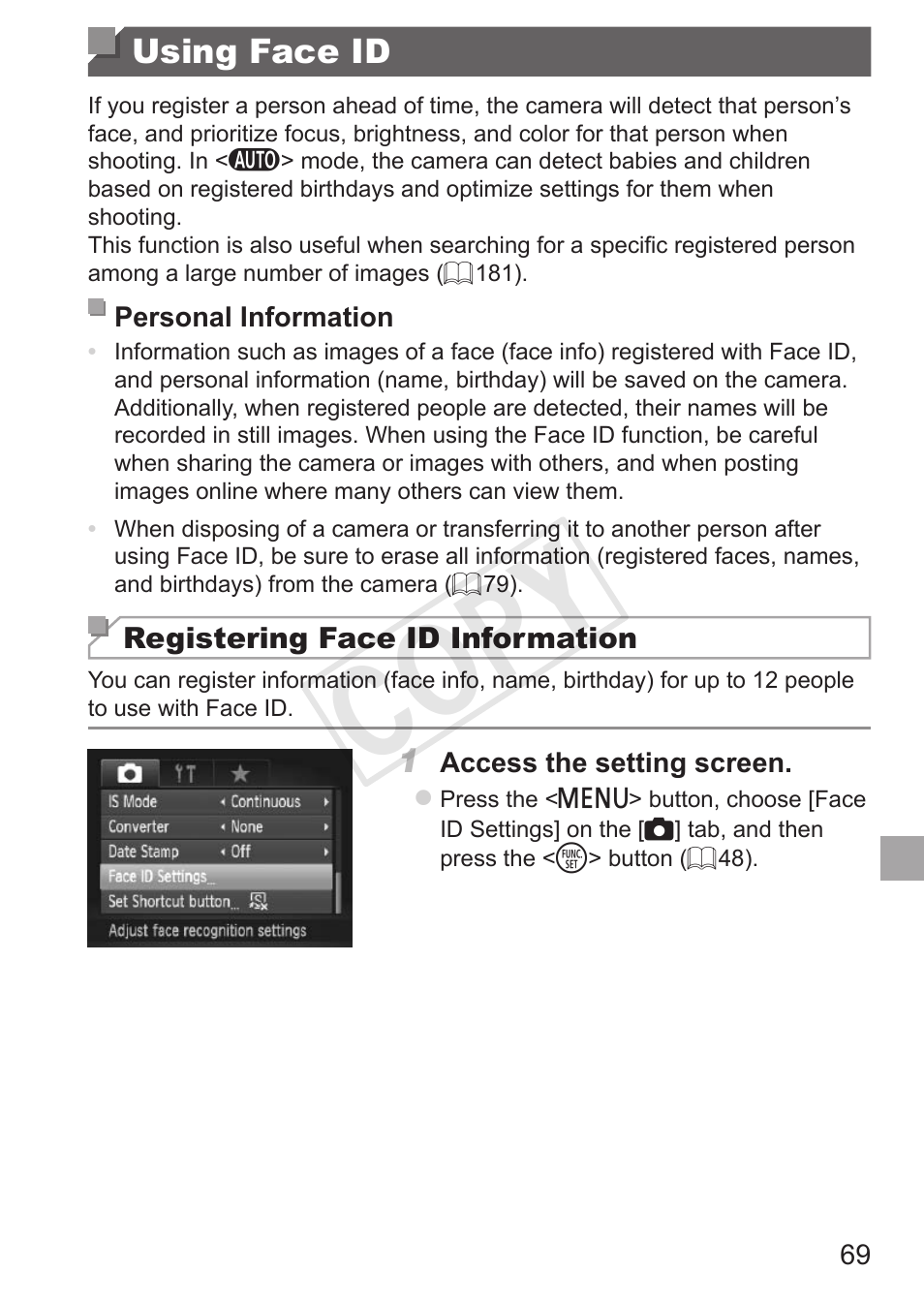 Using face id, Cop y | Canon PowerShot G15 User Manual | Page 69 / 316