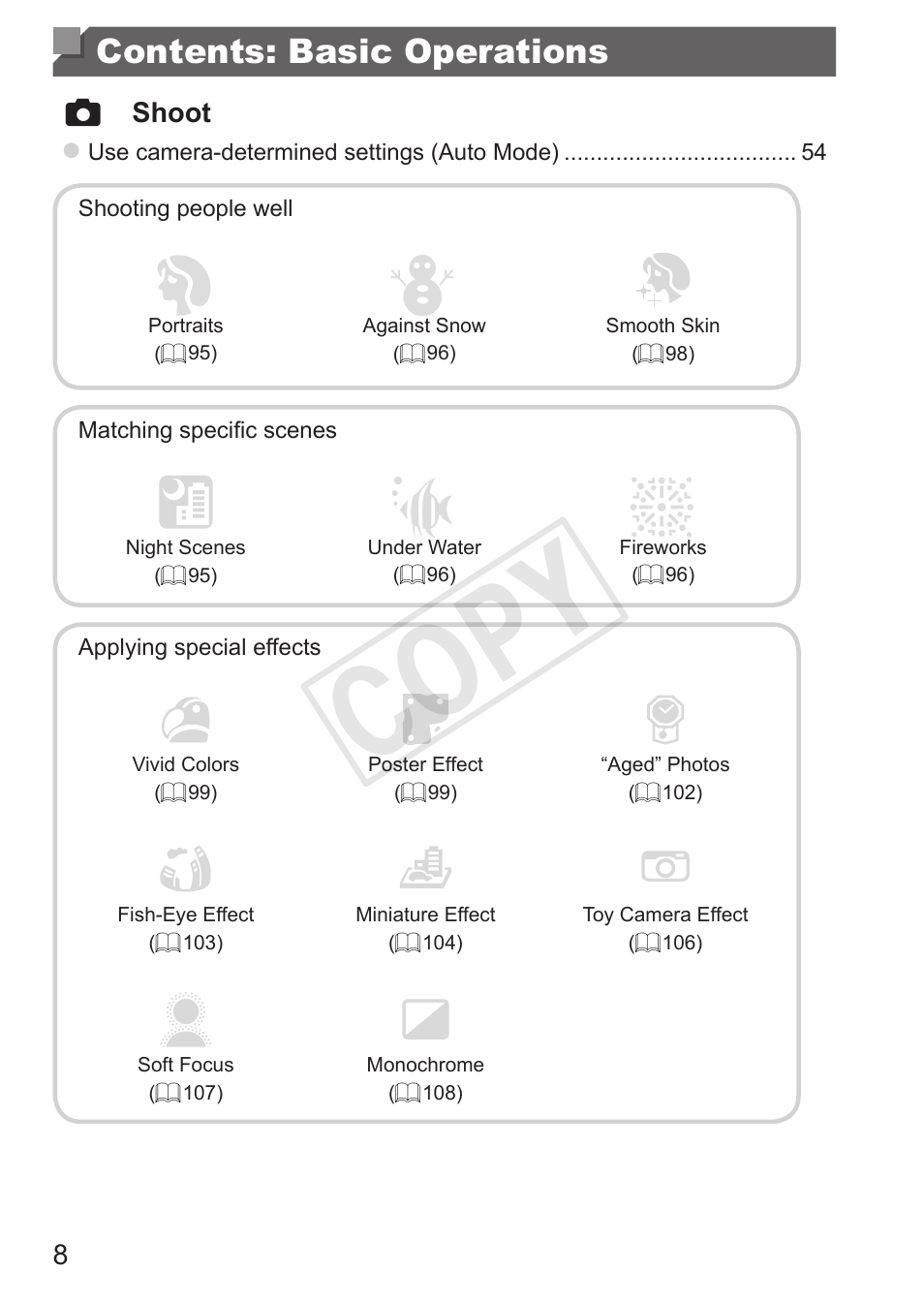Contents: basic operations, Cop y | Canon PowerShot G15 User Manual | Page 8 / 316