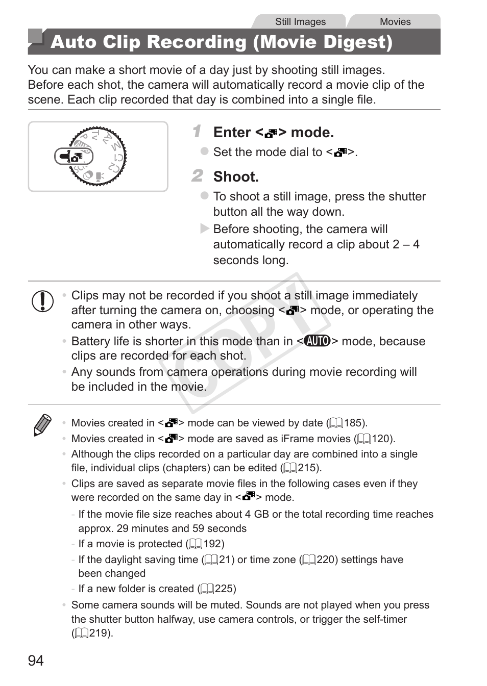 Auto clip recording (movie digest), Auto clip recording, Movie digest) | Cop y | Canon PowerShot G15 User Manual | Page 94 / 316