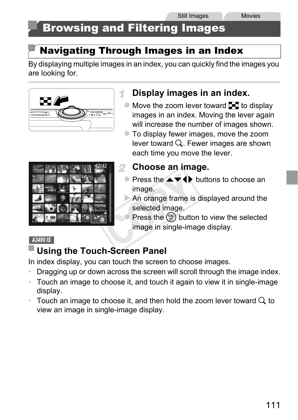 Browsing and filtering images, Cop y | Canon PowerShot A4000 IS User Manual | Page 111 / 182