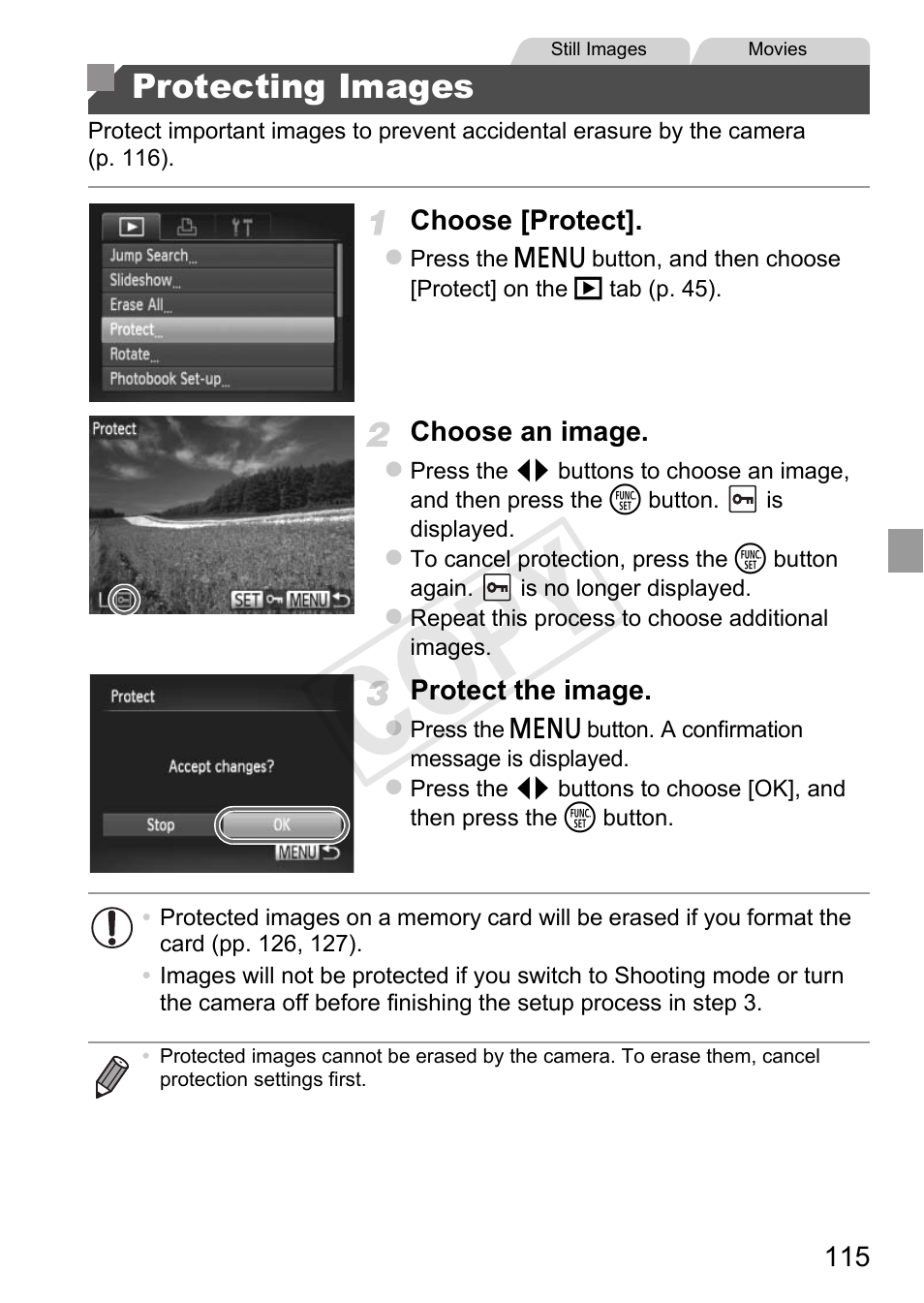Protecting images, Cop y | Canon PowerShot A4000 IS User Manual | Page 115 / 182