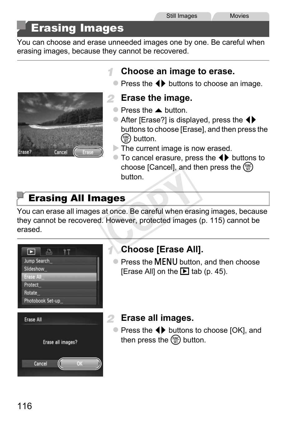 Erasing images, P. 116, Cop y | Canon PowerShot A4000 IS User Manual | Page 116 / 182