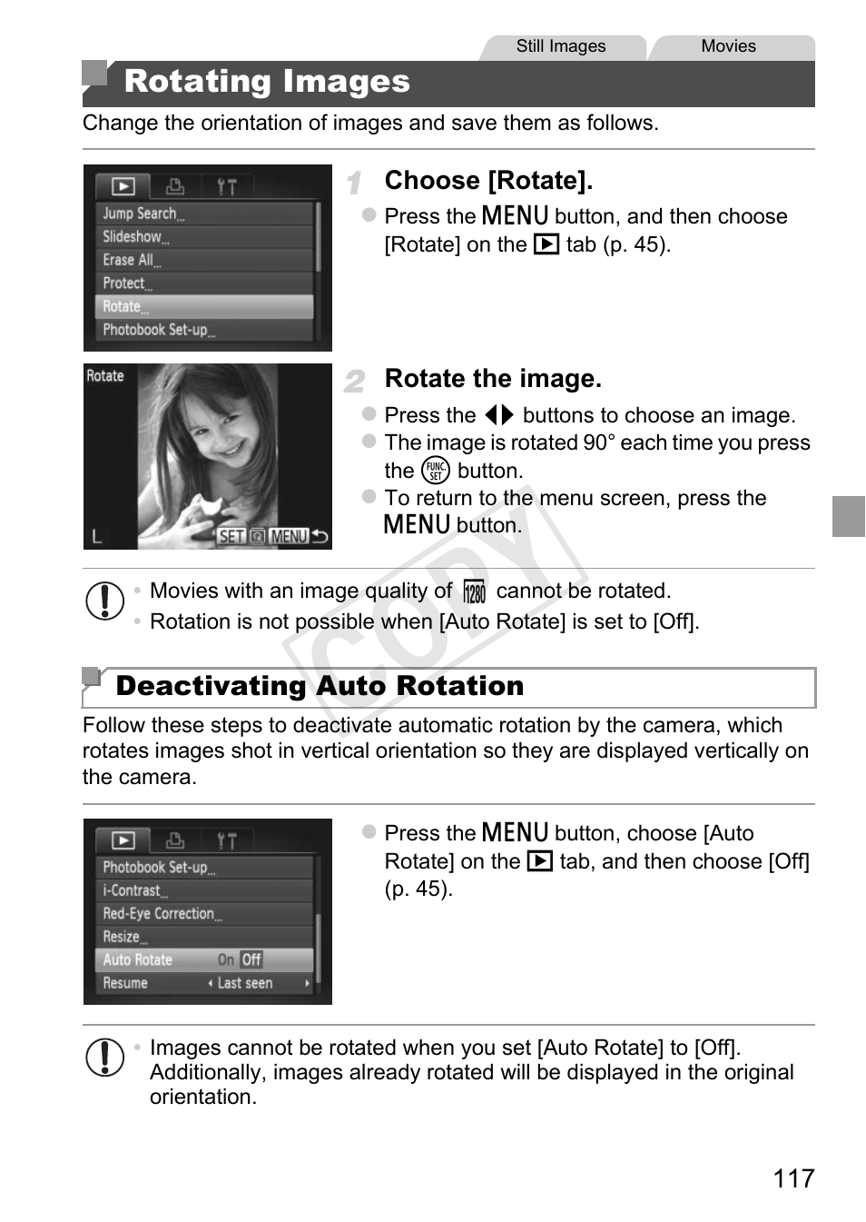 Rotating images, Cop y | Canon PowerShot A4000 IS User Manual | Page 117 / 182