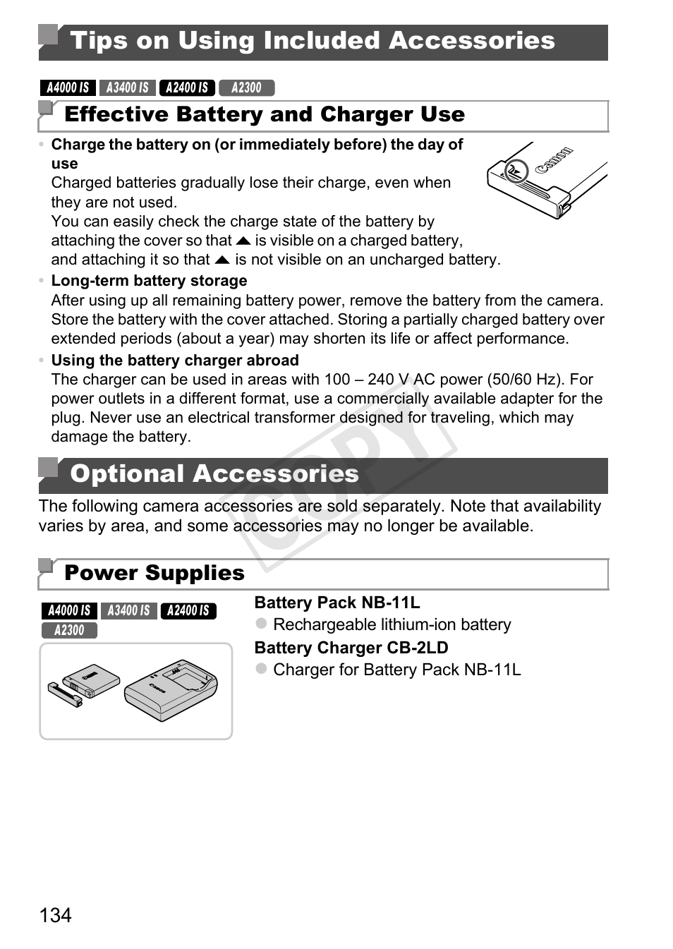 Tips on using included, Accessories, Optional accessories | Parately, p. 134, P. 134), t, Cop y | Canon PowerShot A4000 IS User Manual | Page 134 / 182