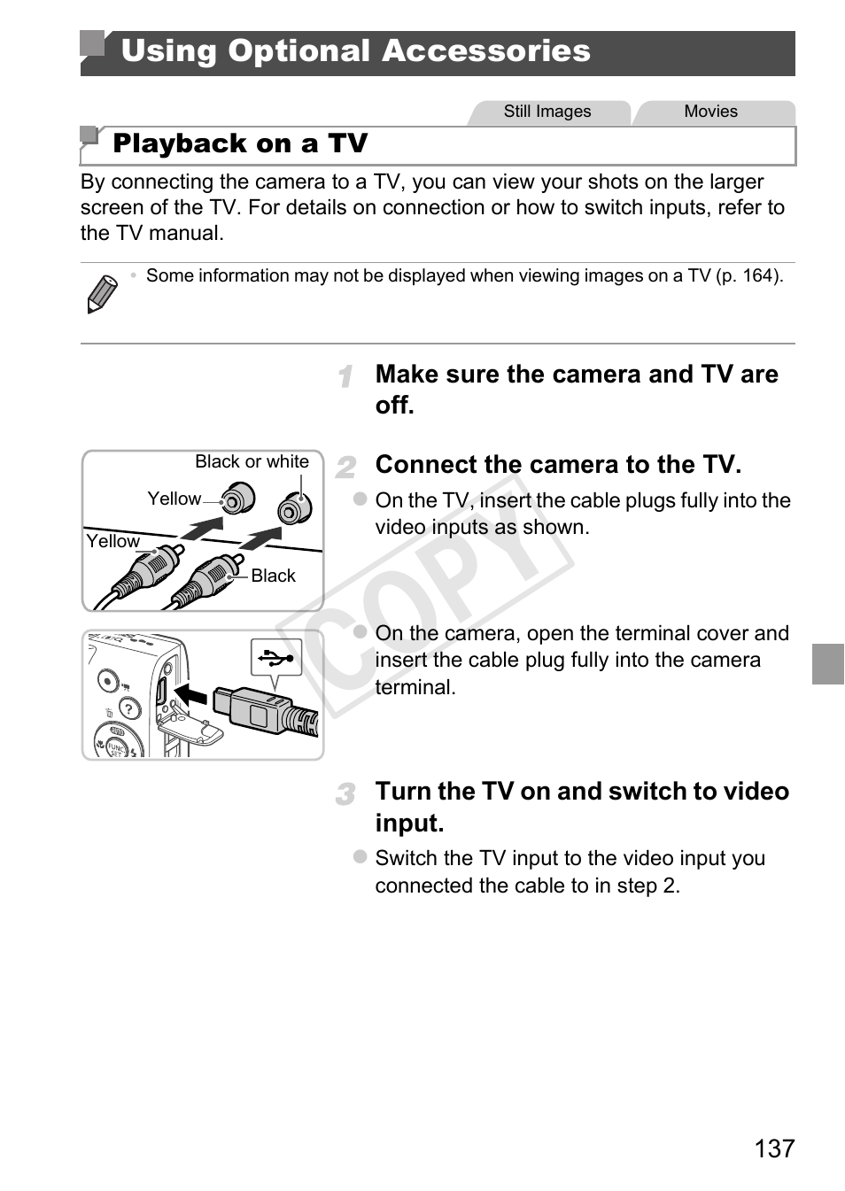 Using optional accessories, P. 137), Cop y | Canon PowerShot A4000 IS User Manual | Page 137 / 182