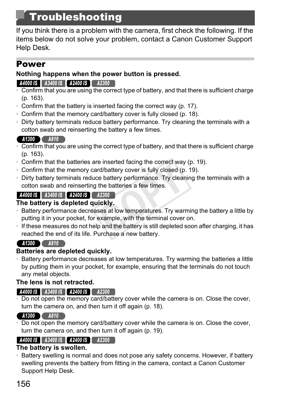 Troubleshooting, Cop y, Power | Canon PowerShot A4000 IS User Manual | Page 156 / 182