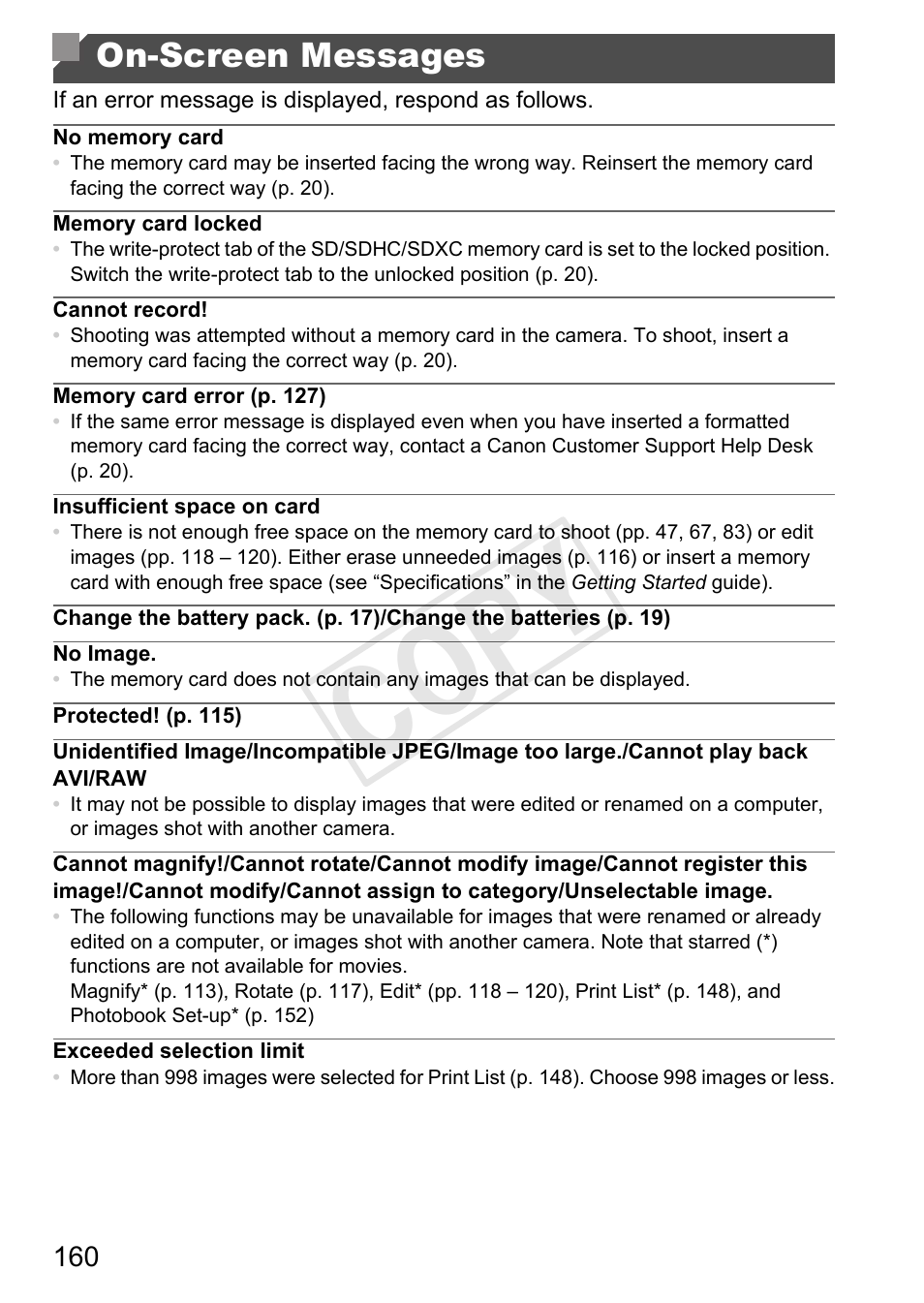 On-screen messages, Cop y | Canon PowerShot A4000 IS User Manual | Page 160 / 182