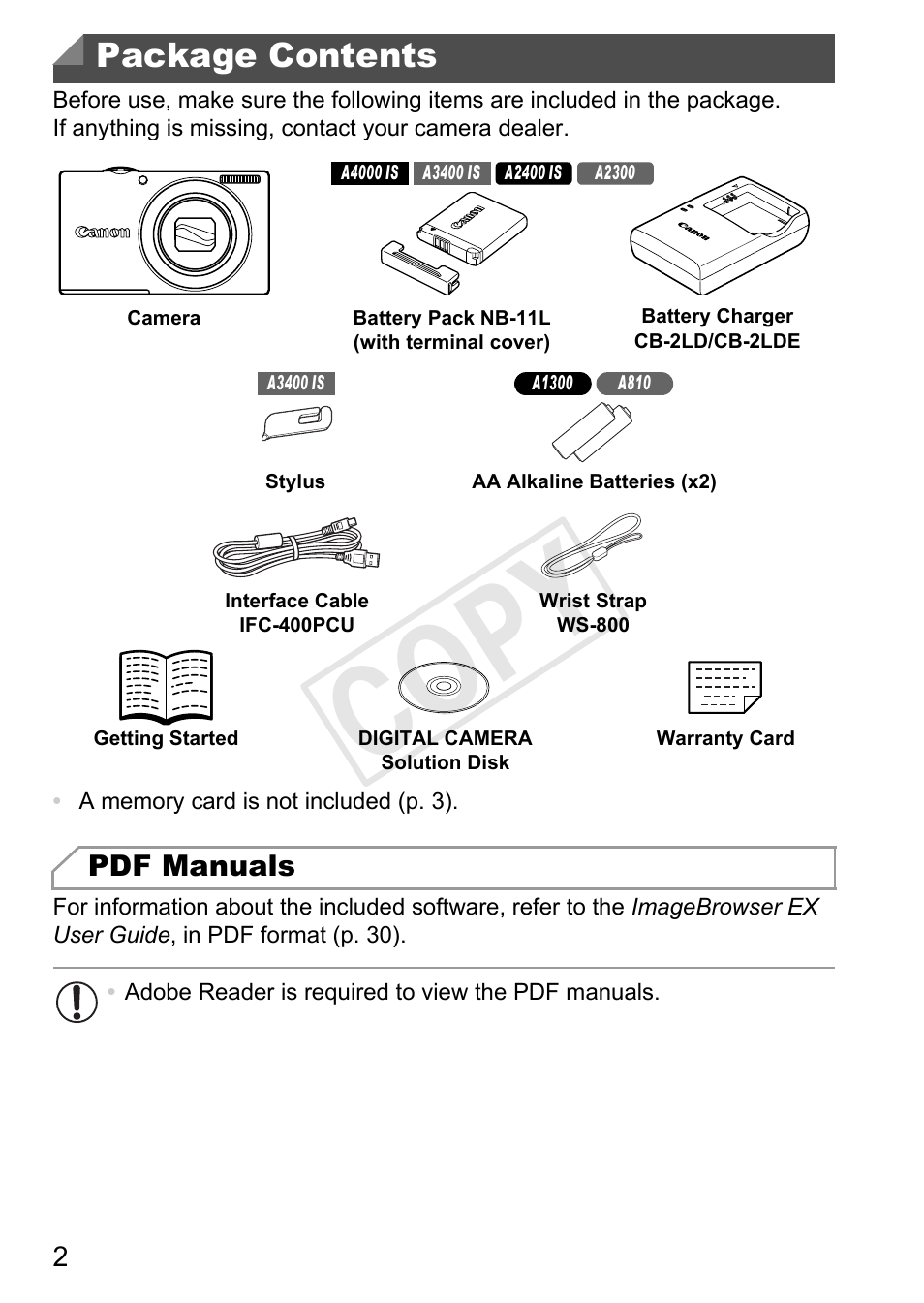 Cop y, Package contents | Canon PowerShot A4000 IS User Manual | Page 2 / 182
