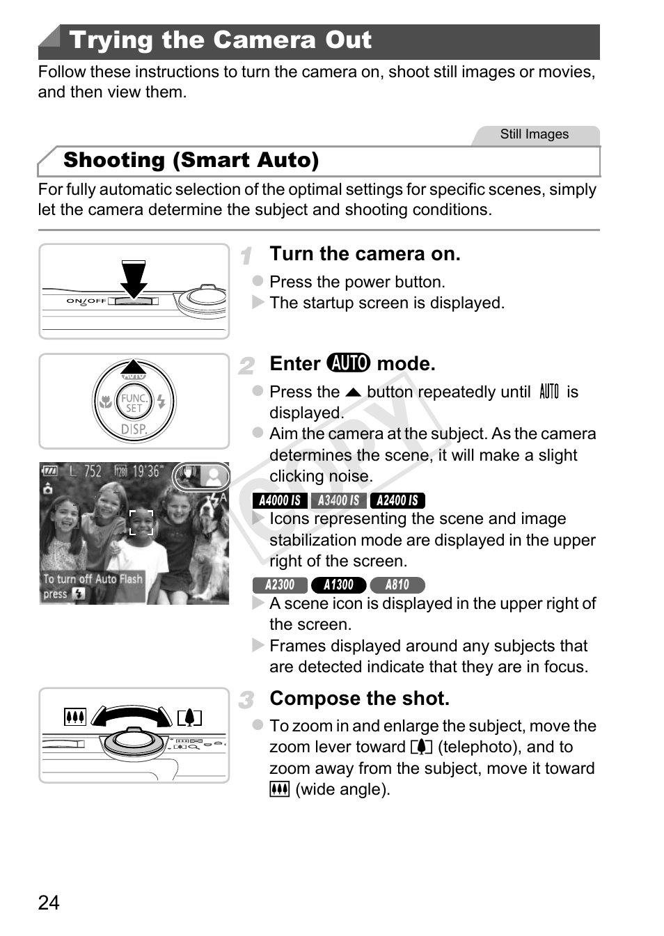 Trying the camera out, Cop y | Canon PowerShot A4000 IS User Manual | Page 24 / 182