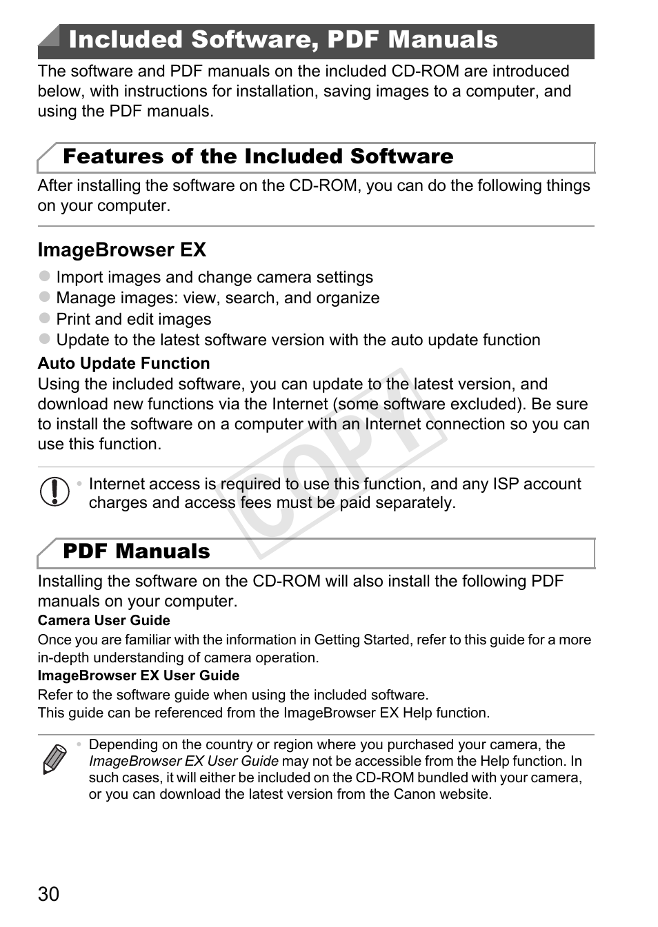 Included software, pdf manuals, Cop y | Canon PowerShot A4000 IS User Manual | Page 30 / 182