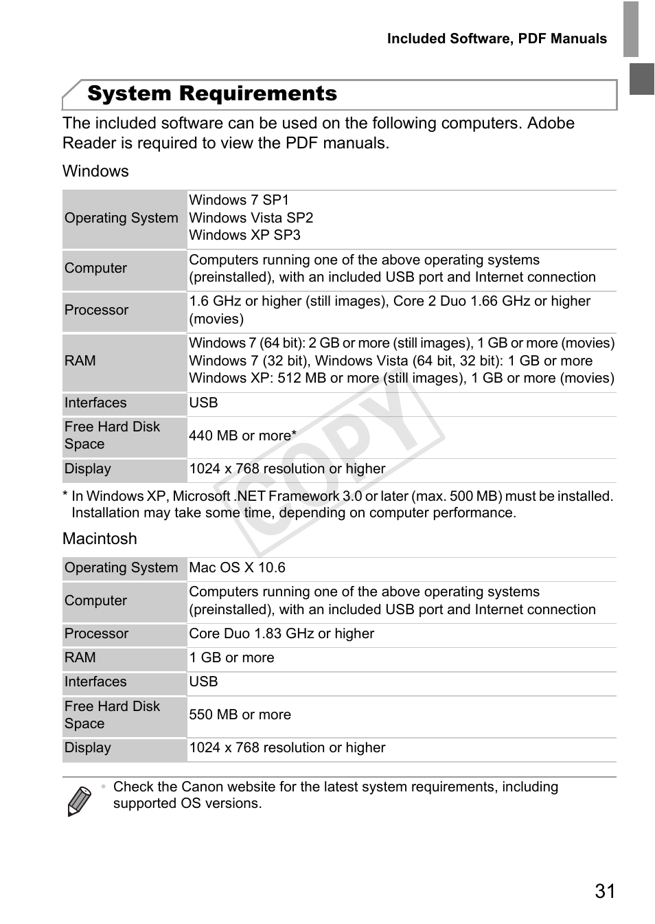 Cop y, System requirements | Canon PowerShot A4000 IS User Manual | Page 31 / 182