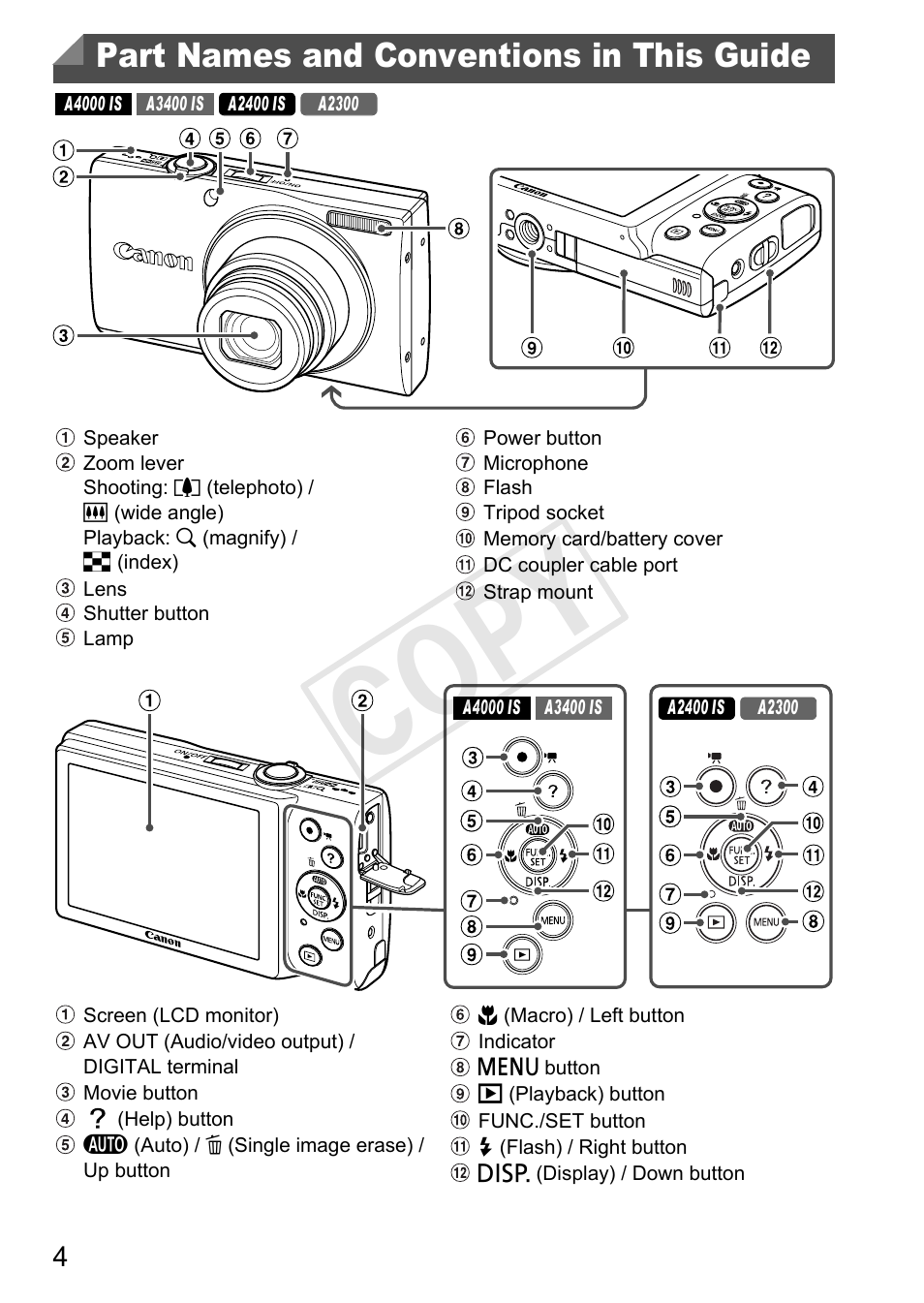 Cop y, Part names and conventions in this guide | Canon PowerShot A4000 IS User Manual | Page 4 / 182