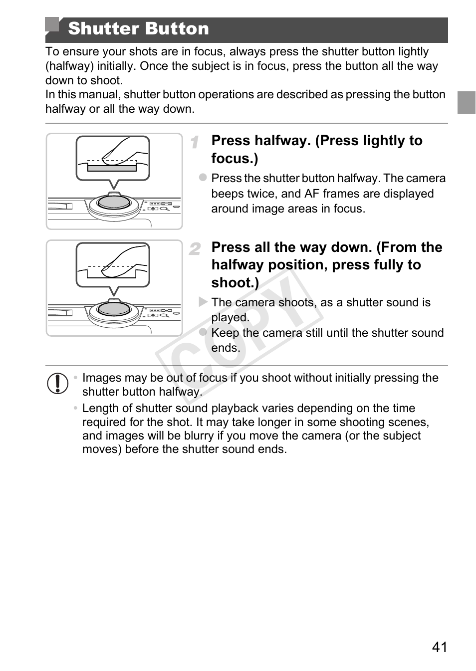 Shutter button, P. 41, Halfway (p. 41) | Cop y | Canon PowerShot A4000 IS User Manual | Page 41 / 182