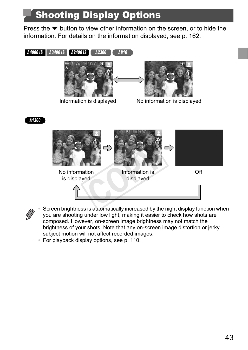 Shooting display options, Cop y | Canon PowerShot A4000 IS User Manual | Page 43 / 182