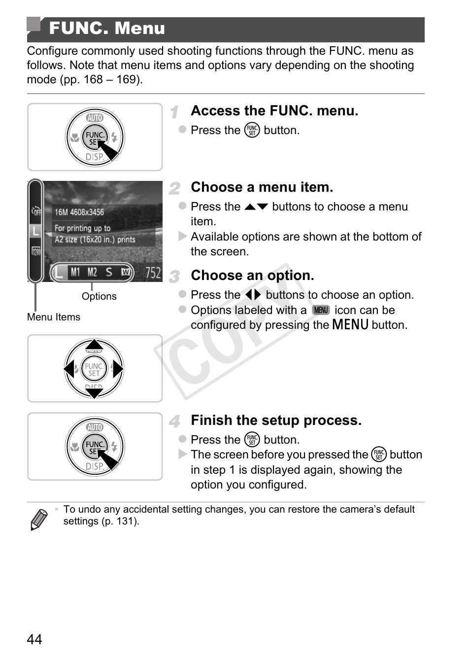 Func. menu, Cop y | Canon PowerShot A4000 IS User Manual | Page 44 / 182