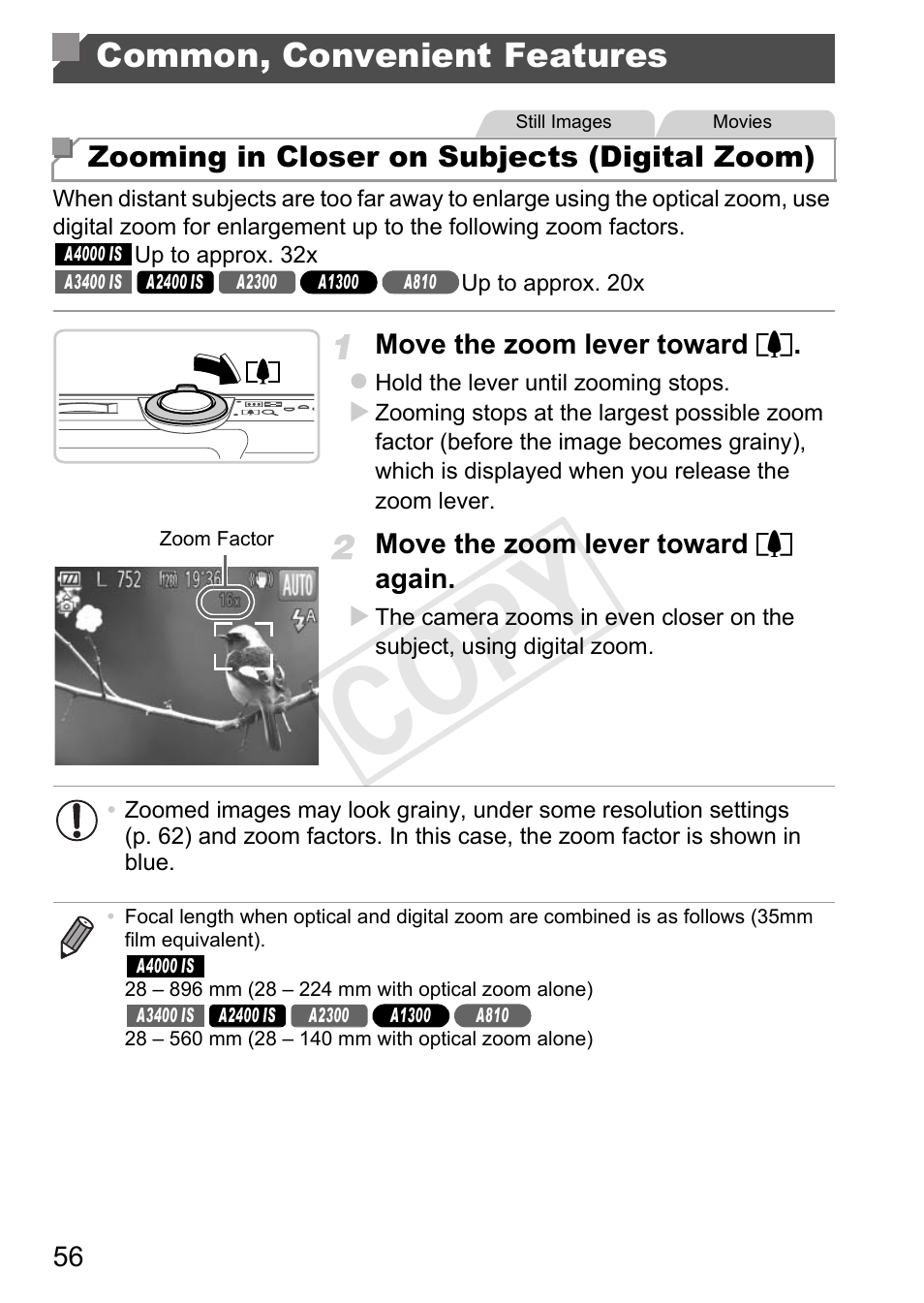 Common, convenient features, Cop y | Canon PowerShot A4000 IS User Manual | Page 56 / 182