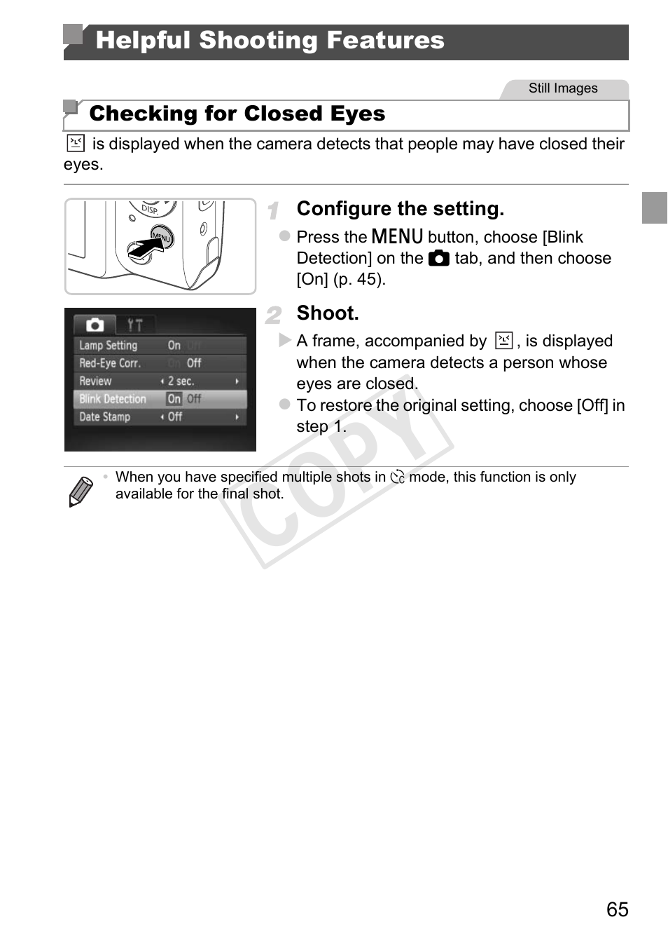 Helpful shooting features, Cop y | Canon PowerShot A4000 IS User Manual | Page 65 / 182