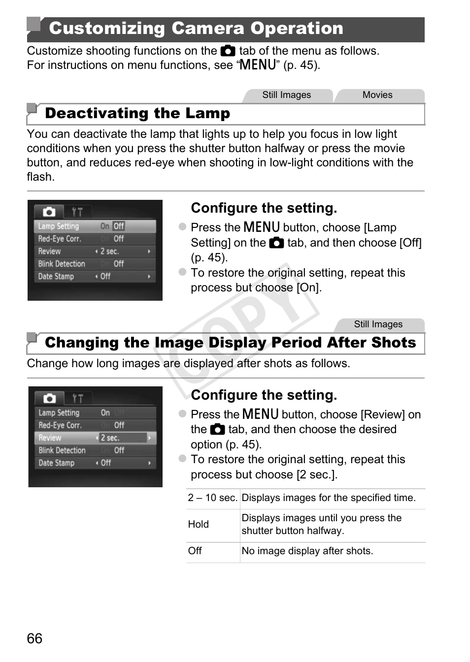 Customizing camera operation, Cop y | Canon PowerShot A4000 IS User Manual | Page 66 / 182