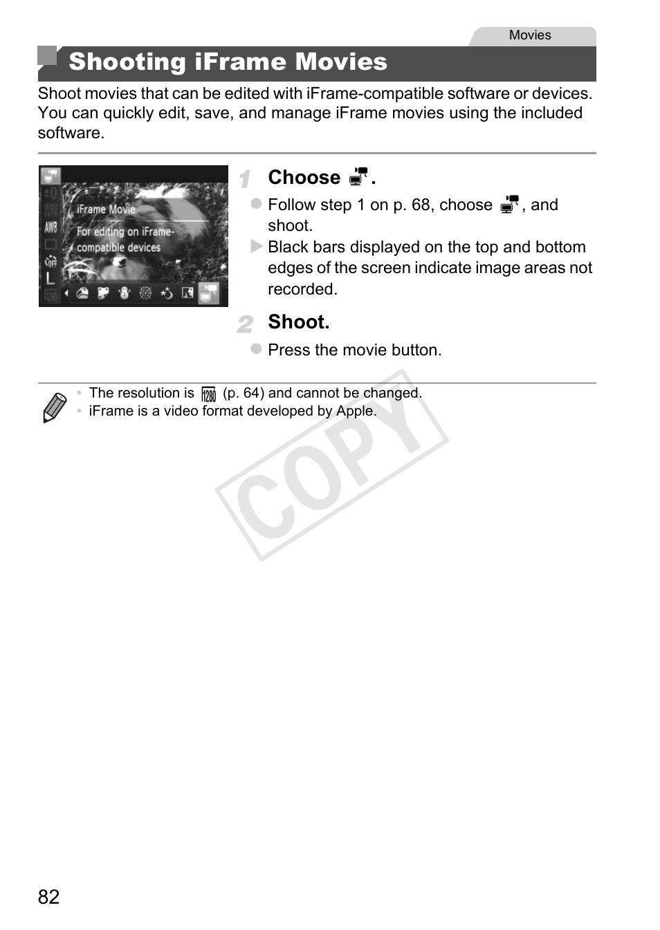 Shooting iframe movies, Cop y | Canon PowerShot A4000 IS User Manual | Page 82 / 182
