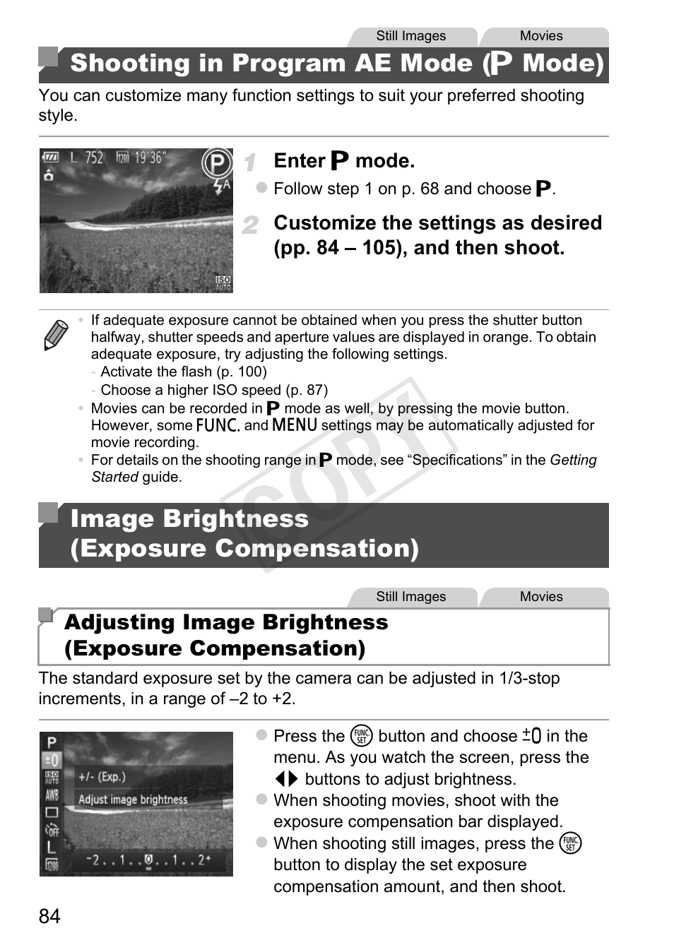 Shooting in program ae mode, Mode), Image brightness | Exposure compensation), Cop y, Shooting in program ae mode ( g mode), Image brightness (exposure compensation) | Canon PowerShot A4000 IS User Manual | Page 84 / 182