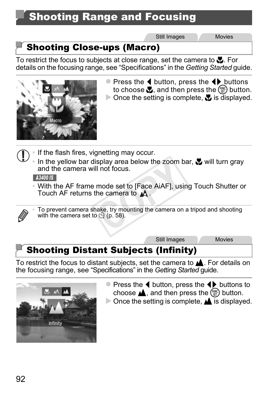Shooting range and focusing, C op y | Canon PowerShot A4000 IS User Manual | Page 92 / 182