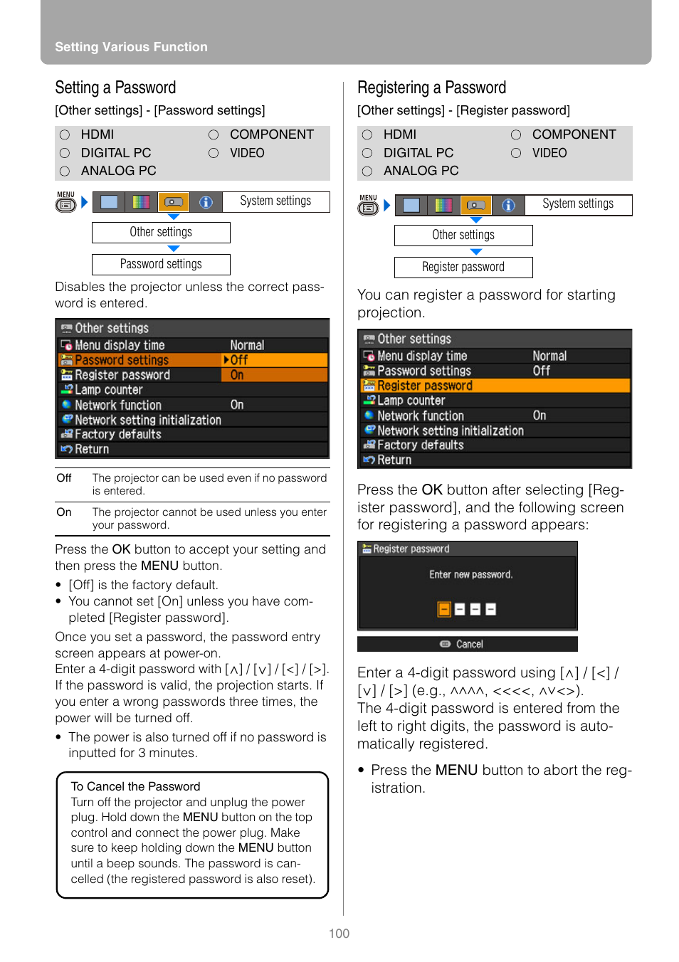 Setting a password, Registering a password, P100 | Canon REALIS WUX10 MARK II D User Manual | Page 100 / 146