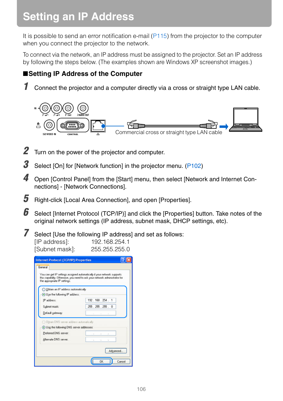 Setting an ip address, Setting ip address of the computer, P106 | Canon REALIS WUX10 MARK II D User Manual | Page 106 / 146